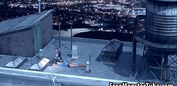  3D Catwoman licking Supergirls wet pussy on a roof